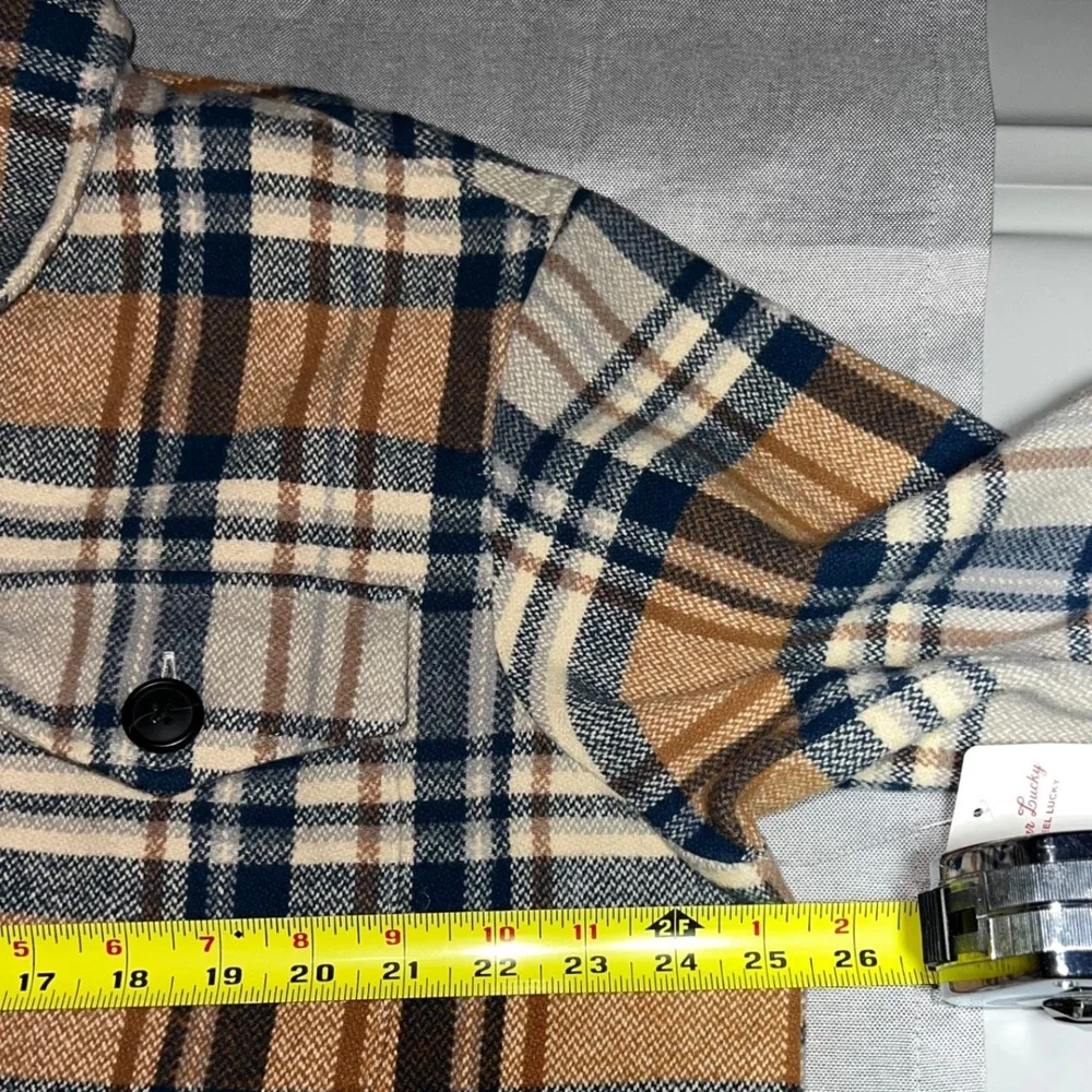 NWT Lucky Brand Plaid Shirt Jacket Shacket Tan‎ Navy Blue Mens Large 7WD3349